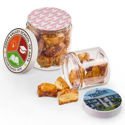Custom 8 oz Jar of Pretzel Stumps - In use Custom 8 oz Jar of Pretzel Stumps - In use