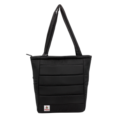 Custom Otaria Puffy Recycled Tote Bag With Engraved Leather Patch - Black Custom Otaria Puffy Recycled Tote Bag With Engraved Leather Patch - Black