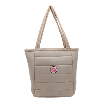Custom Otaria Puffy Recycled Tote Bag With Engraved Leather Patch - Beige Custom Otaria Puffy Recycled Tote Bag With Engraved Leather Patch - Beige