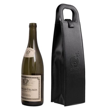 Custom Vegan Leather Wine Bottle Tote - Side view Custom Vegan Leather Wine Bottle Tote - Side view
