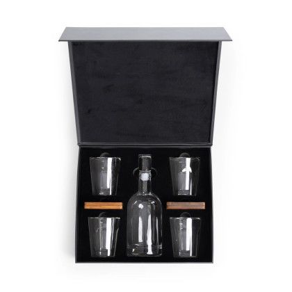 Custom Ambassador Whiskey Box with Decanter and 4 Lowball Glasses - Open View Custom Ambassador Whiskey Box with Decanter and 4 Lowball Glasses - Open View