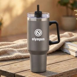 Custom Compeer Handle Travel Mug with Straw 40 oz - Grey Custom Compeer Handle Travel Mug with Straw 40 oz - Grey