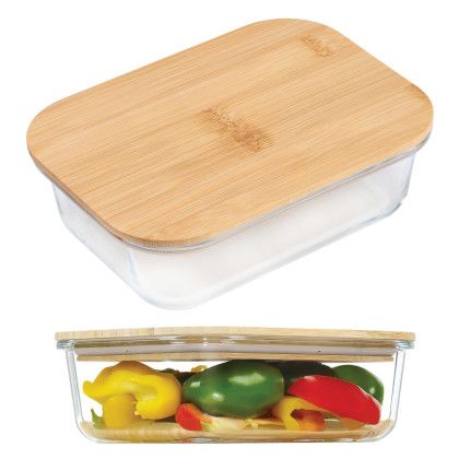 Custom Glass Food Container with Bamboo Lid - Lifestyle View Custom Glass Food Container with Bamboo Lid - Lifestyle View
