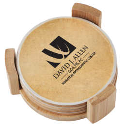 Custom Bamboo Coasters: 4 Piece Round Set With Wood Stand