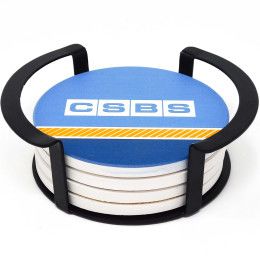 Custom 4 Pc. Round Ceramic Coaster Set In Black Metal Stand