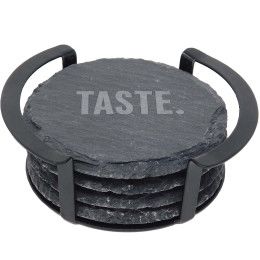 Custom 4 Pc. Round Slate Coaster Set with Black Metal Stand