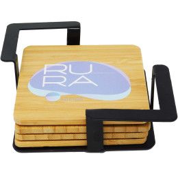 Custom 4 Pc. Bamboo Square Coaster Set with Black Metal Stand Custom 4 Pc. Bamboo Square Coaster Set with Black Metal Stand