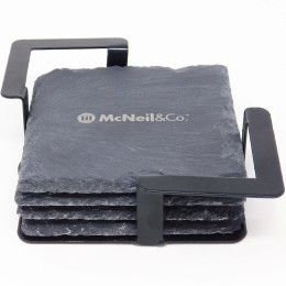 Custom 4 Pc. Square Slate Coaster Set with Black Metal Stand Custom 4 Pc. Square Slate Coaster Set with Black Metal Stand