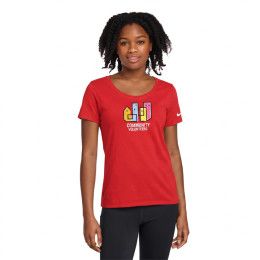 Custom Nike Women's Dri-FIT Cotton/Poly Scoop Neck Tee - University Red - On Model Custom Nike Women's Dri-FIT Cotton/Poly Scoop Neck Tee - University Red - On Model