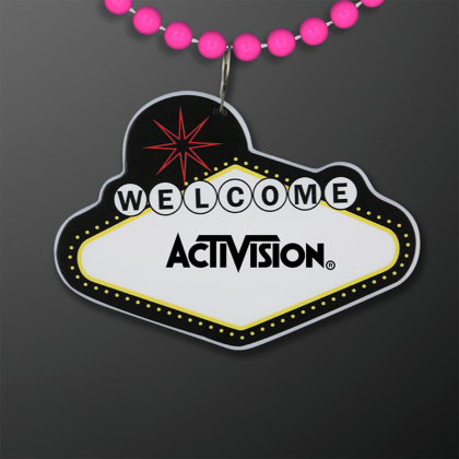 Custom Imprintable Vegas Sign Medallion with Pink Beaded Necklace Custom Imprintable Vegas Sign Medallion with Pink Beaded Necklace