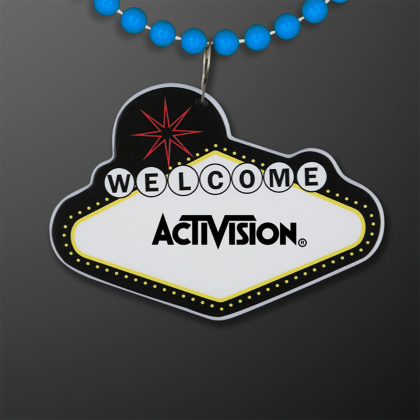 Custom Imprintable Vegas Sign Medallion with Blue Beaded Necklace Custom Imprintable Vegas Sign Medallion with Blue Beaded Necklace