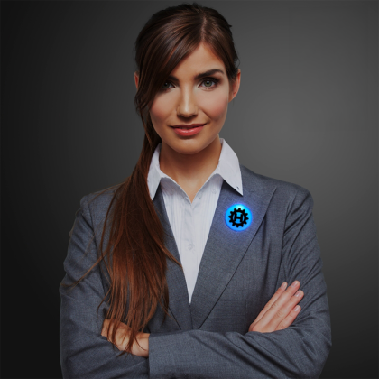 Custom Blue LED Frosted Circle Badge with Safety Pin - Lifestyle View Custom Blue LED Frosted Circle Badge with Safety Pin - Lifestyle View