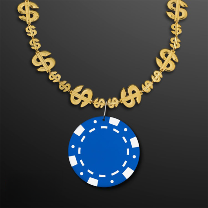 Custom Gold Money Beads with Blue Poker Chip Medallion (NO-Light) - Front View 