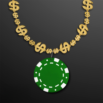 Custom Gold Money Beads with Green Poker Chip Medallion (NO-Light) - Front View Custom Gold Money Beads with Green Poker Chip Medallion (NO-Light) - Front View 