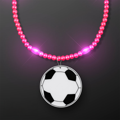 Custom Pink LED Bead Necklace with Soccer Ball Medallion - Front View 