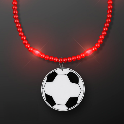 Custom Red LED Bead Necklace with Soccer Ball Medallion - Front View 