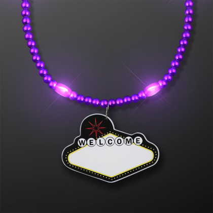 Custom Purple LED Bead Necklace with Las Vegas Medallion - Front View Custom Purple LED Bead Necklace with Las Vegas Medallion - Front View