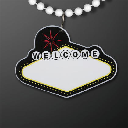 Custom Imprintable Vegas Sign Medallion with White Beaded Necklace - Front View Custom Imprintable Vegas Sign Medallion with White Beaded Necklace - Front View