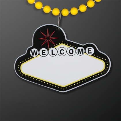Custom Imprintable Vegas Sign Medallion with Yellow Beaded Necklace - Front View Custom Imprintable Vegas Sign Medallion with Yellow Beaded Necklace - Front View