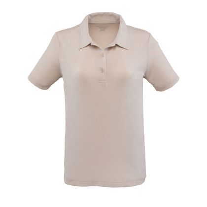 Custom Women's IZU EVERYTHING PERFORMANCE Eco Short Sleeve Polo - Sandstone Front side Custom Women's IZU EVERYTHING PERFORMANCE Eco Short Sleeve Polo - Sandstone Front side