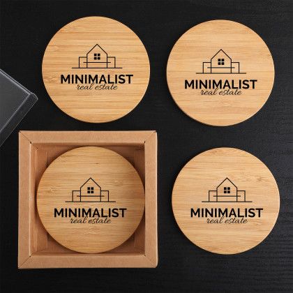 Custom Round Bamboo 4 Pc. Coaster Set In Box Custom Round Bamboo 4 Pc. Coaster Set In Box