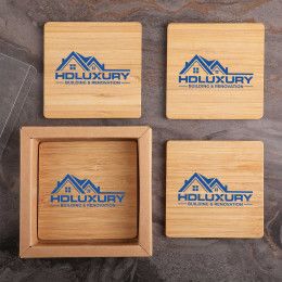 Custom Square Bamboo 4 Pc. Coaster Set In Box 