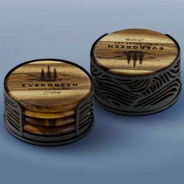 Custom Acacia Wood Coaster: 4 Piece Round Set with Black Metal Stand Custom Acacia Wood Coaster: 4 Piece Round Set with Black Metal Stand