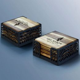 Custom Acacia Wood Coaster: 4 Piece Set With Black Metal Stand Custom Acacia Wood Coaster: 4 Piece Set With Black Metal Stand