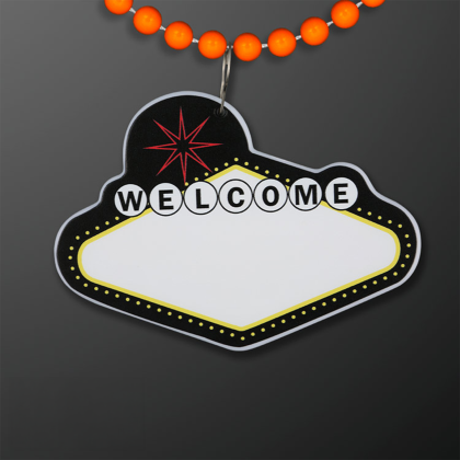 Custom Imprintable Vegas Sign Medallion with Orange Beaded Necklace - Front View Custom Imprintable Vegas Sign Medallion with Orange Beaded Necklace - Front View