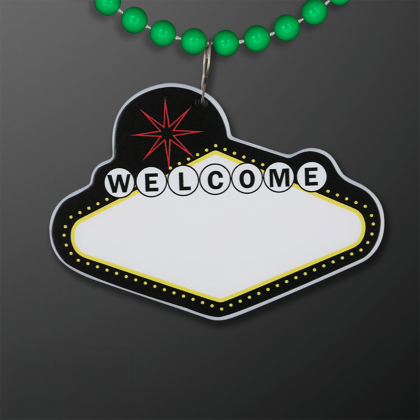 Custom Imprintable Vegas Sign Medallion with Green Beaded Necklace - Front View Custom Imprintable Vegas Sign Medallion with Green Beaded Necklace - Front View