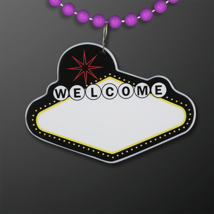 Custom Imprintable Vegas Sign Medallion with Purple Beaded Necklace - Front View Custom Imprintable Vegas Sign Medallion with Purple Beaded Necklace - Front View