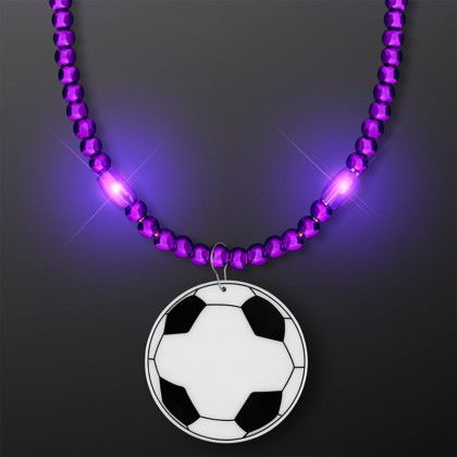 Custom Purple LED Bead Necklace with Soccer Ball Medallion - Front View 