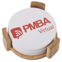 Custom Round Ceramic Coaster: 4 Pc Set with Wood Stand
