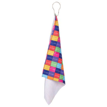 Custom 300 gsm Recycled rPET Golf Towel with Full Color Dye Sublimation - In Use Custom 300 gsm Recycled rPET Golf Towel with Full Color Dye Sublimation - In Use