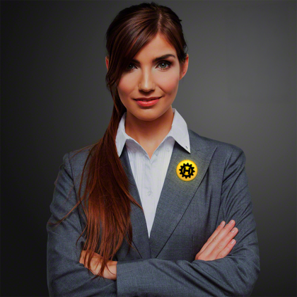 Custom Yellow LED Frosted Circle Badge with Safety Pin - Lifestyle View Custom Yellow LED Frosted Circle Badge with Safety Pin - Lifestyle View