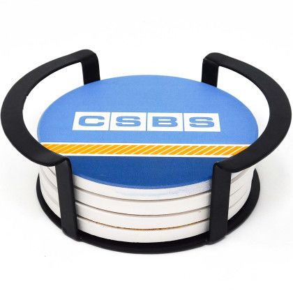 Custom 4 Pc. Round Ceramic Coaster Set In Black Metal Stand Custom 4 Pc. Round Ceramic Coaster Set In Black Metal Stand