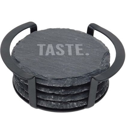 Custom 4 Pc. Round Slate Coaster Set with Black Metal Stand