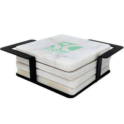 Custom 4 Pc. Square White Marble Coaster Set With Black Metal Stand Custom 4 Pc. Square White Marble Coaster Set With Black Metal Stand
