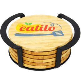 Custom 6 Pc. Round Bamboo Coaster Set with Black Metal Stand Custom 6 Pc. Round Bamboo Coaster Set with Black Metal Stand