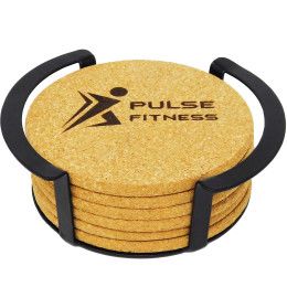 Custom 6 Pc. Round Cork Coaster Set with Black Metal Stand Custom 6 Pc. Round Cork Coaster Set with Black Metal Stand