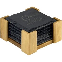 Custom 6 Pc. Slate Coaster Set with Wood Stand Custom 6 Pc. Slate Coaster Set with Wood Stand