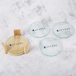 Custom Round Glass Coasters: 5 Piece Set With Wood Stand Custom Round Glass Coasters: 5 Piece Set With Wood Stand