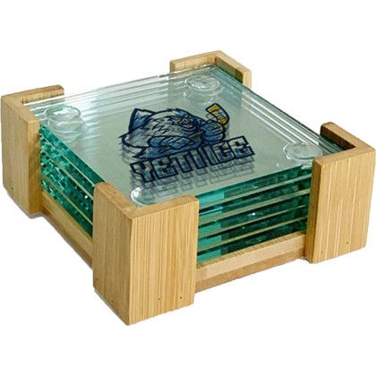 Custom Square Glass Coasters: 5 Piece Set with Wood Stand Custom Square Glass Coasters: 5 Piece Set with Wood Stand