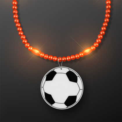 Custom Orange LED Bead Necklace with Soccer Ball Medallion - Front View 