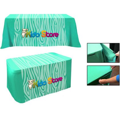 Custom All Over Full Color rPET Polyester Dye Sub Convertible Table Cover: 4' Fitted To 6' Flat Custom All Over Full Color rPET Polyester Dye Sub Convertible Table Cover: 4' Fitted To 6' Flat