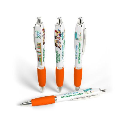 Custom Full Color 3 Panel Squared Basset Ad Pen- Low Quantities - Orange Custom Full Color 3 Panel Squared Basset Ad Pen- Low Quantities - Orange