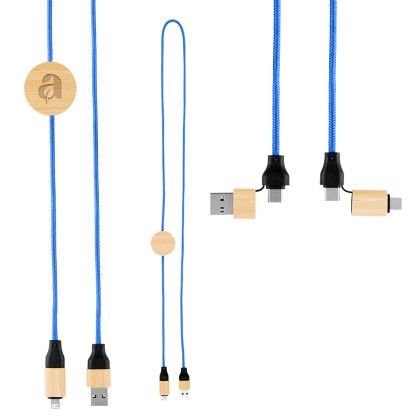 Custom 3" 60W Bamboo & rPET Fast Charging Cable - Bamboo With Royal Blue Custom 3" 60W Bamboo & rPET Fast Charging Cable - Bamboo With Royal Blue