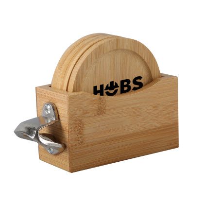 Custom Bamboo Coaster Set with Bottle Opener Custom Bamboo Coaster Set with Bottle Opener