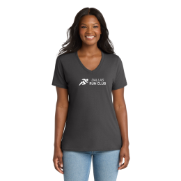 Custom Port & Company Women's Core Cotton V-Neck Tee - Charcoal Front Side Custom Port & Company Women's Core Cotton V-Neck Tee - Charcoal Front Side