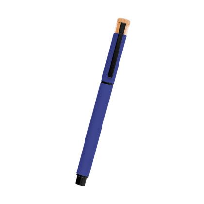 Custom Ronan Recycled Aluminum Gel Pen - Royal Blue With Bamboo Front View 